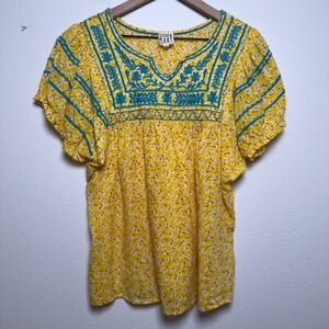 Sister Mary Women 100% Cotton Blouse XS Yellow Floral Embroidered Patsy Boho Top